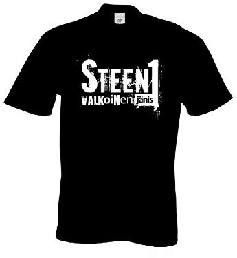 T-shirt print, with Steen1 and Valkoinen Jänis texts printed on top of it.