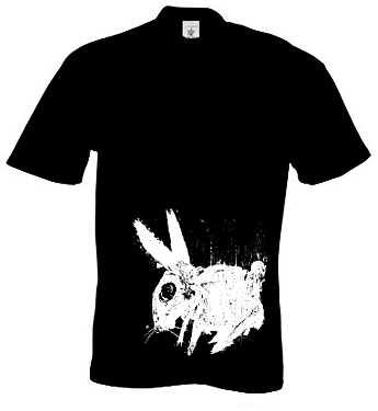 T-shirt print, white rabbit on a black t-shirt.